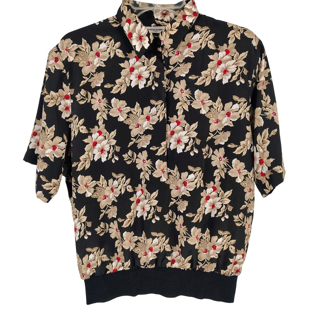 Alfred Dunner Womens SZ 16 Floral Blouse Black Tan Red Banded Hem Grandma Core
